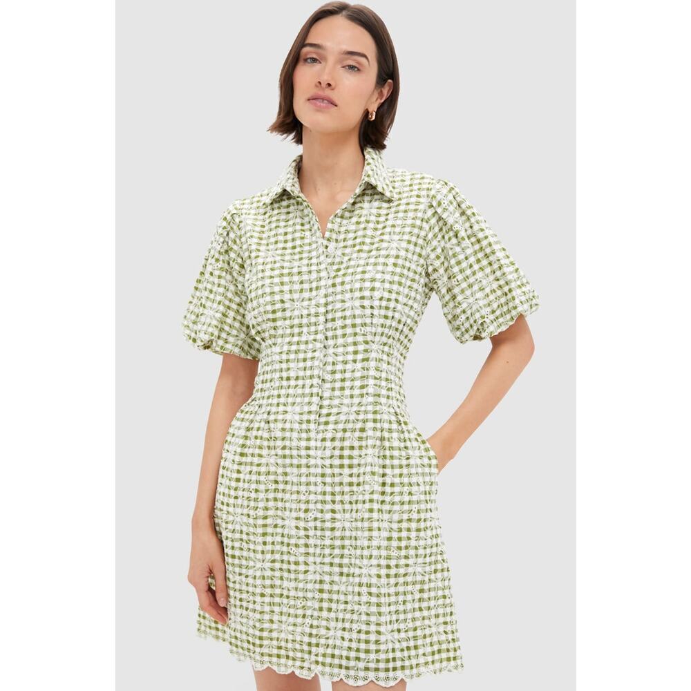 TUCKERNUCK Embroidered Floral Green Gingham Mini Delaney Dress Size XL NWT